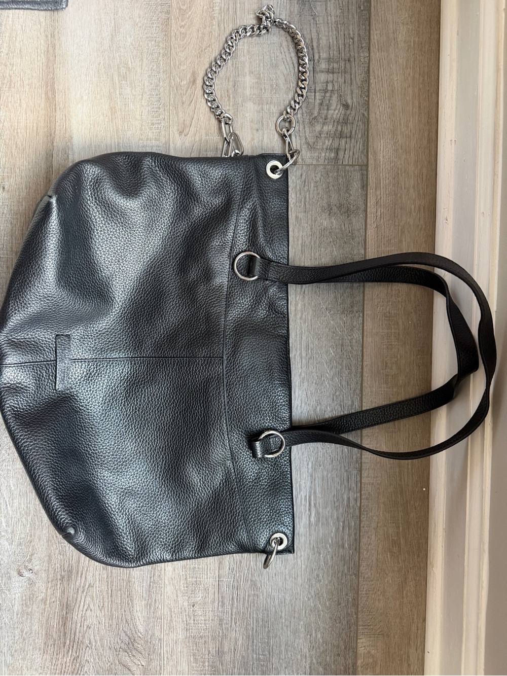Vince Camuto Black Leather Tote Bag with Chain Accent